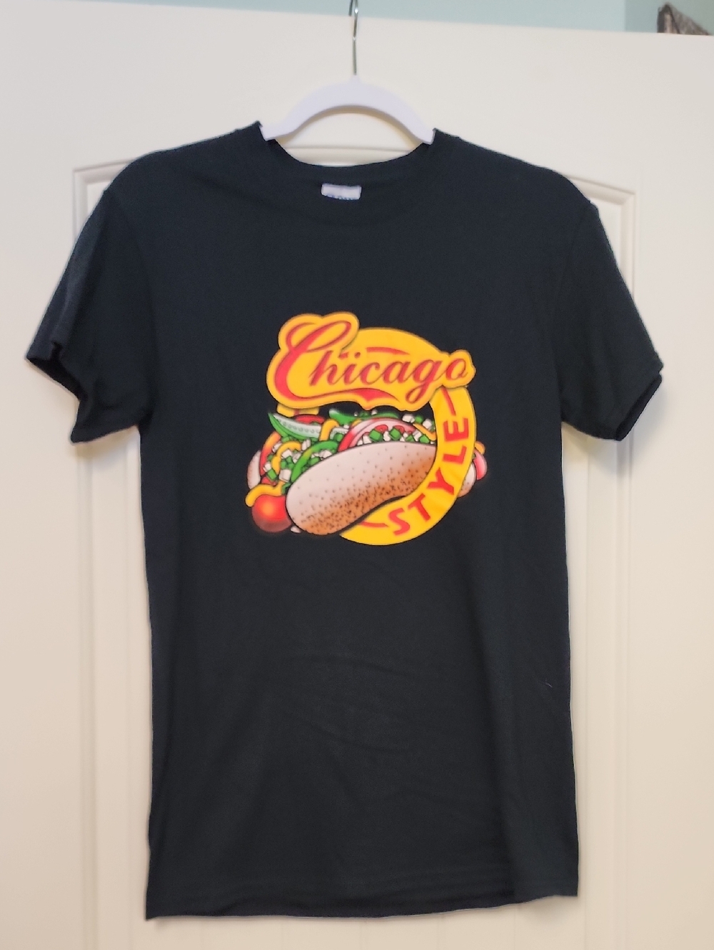 Gildan Black Tee with Yellow & Multicolor Chicago-Style Graphic